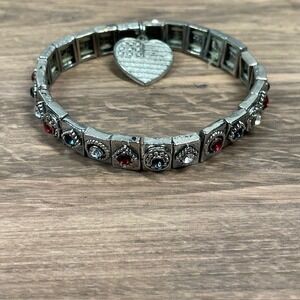 Patriotic Heart Flag Charm Stretch Bracelet Silver Tone Red Blue Clear Gems